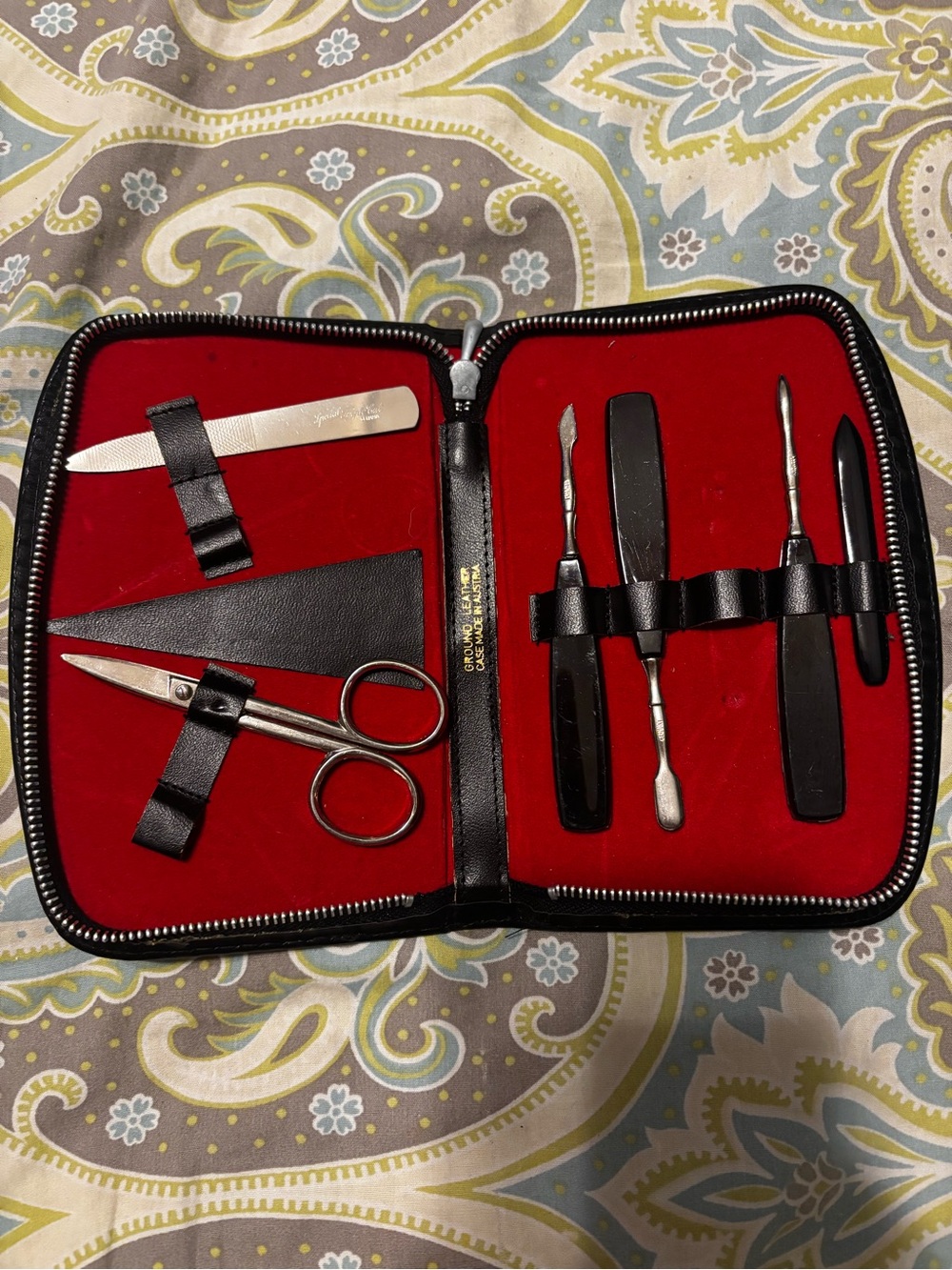 Vintage Men’s Black Leather Grooming Kit with Red Interior -Classic Manicure Set